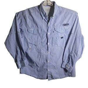Columbia PFG Super Bonehead Long Sleeve Gingham Fishing Shirt Blue White Mens xL
